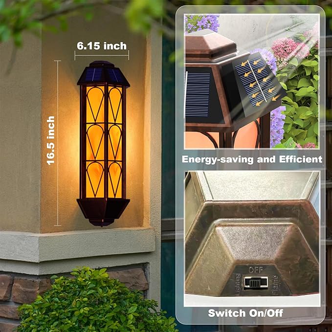 KINGLEAD 4 Pack Flickering Flame Solar Wall Lights - Outdoor Waterproof, Sensor with 2 Lighting Modes, Vintage for House Garden Porch Backyard Patio-VerdiqueGarden