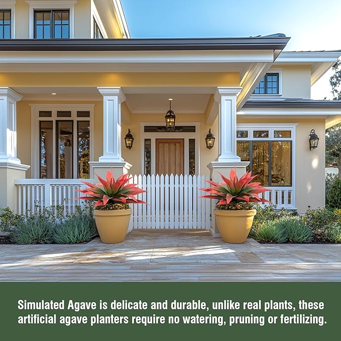 Artificial Agave Plants,Large UV Resistant Fake Agave Planters for Indoor and Outdoor Decorating Artificial Plants for Outdoors Fake Plants 2Pack, 28" Red-VerdiqueGarden