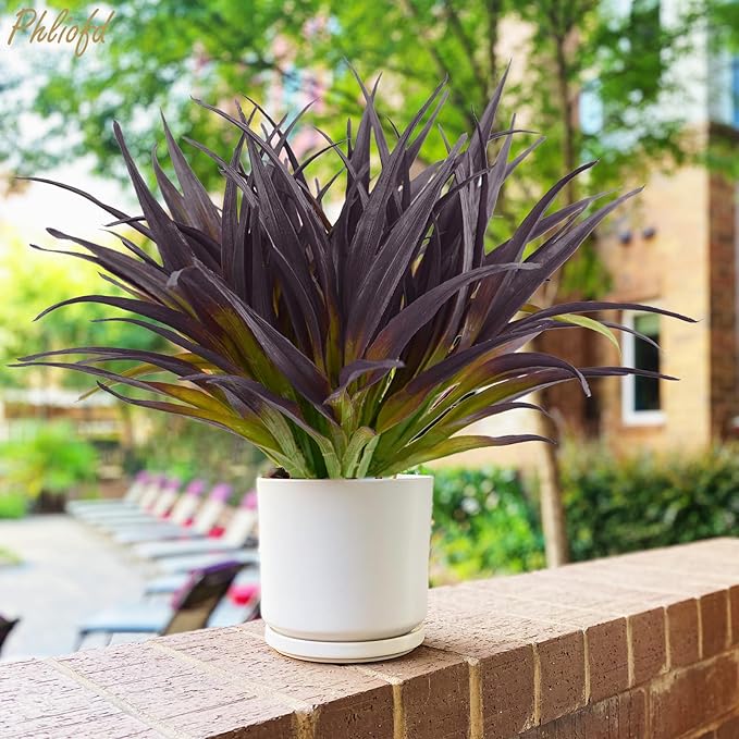 6Pcs Artificial Grass Fake Grass Plants 17.3in Outdoor Plants UV Resistant Faux Greenery Stems for Home Window Garden Office Patio Pathway Front Porch Halloween Décor Light Green & Purple-VerdiqueGarden