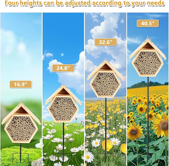 Mason Bee House for Garden, Natural Wooden Bee Habitat with Metal Ground Stake, Attracts Pollinators, Improve Garden Productivity, Outdoor Decoration-VerdiqueGarden