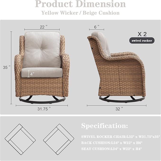 Outdoor Swivel Rocker Patio Chairs - 360 Degree Swivel Glider Seating 350LBS Weight Capacity Wicker Rocking Chairs Set of 2 with Removable Cushion for Porch Balcony Deck, Yellow/Beige-VerdiqueGarden