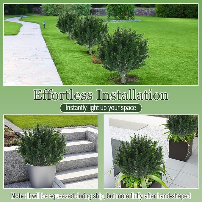 Yunlly 4 Pcs Artificial Cedar Topiary Ball Fake Tree 18" Bush Front Porch Decor Artificial Shrubs for Outdoors Faux Cypress with Ground Spike, Evergreen Plants for Indoor Garden Patio, UV Resistance-VerdiqueGarden