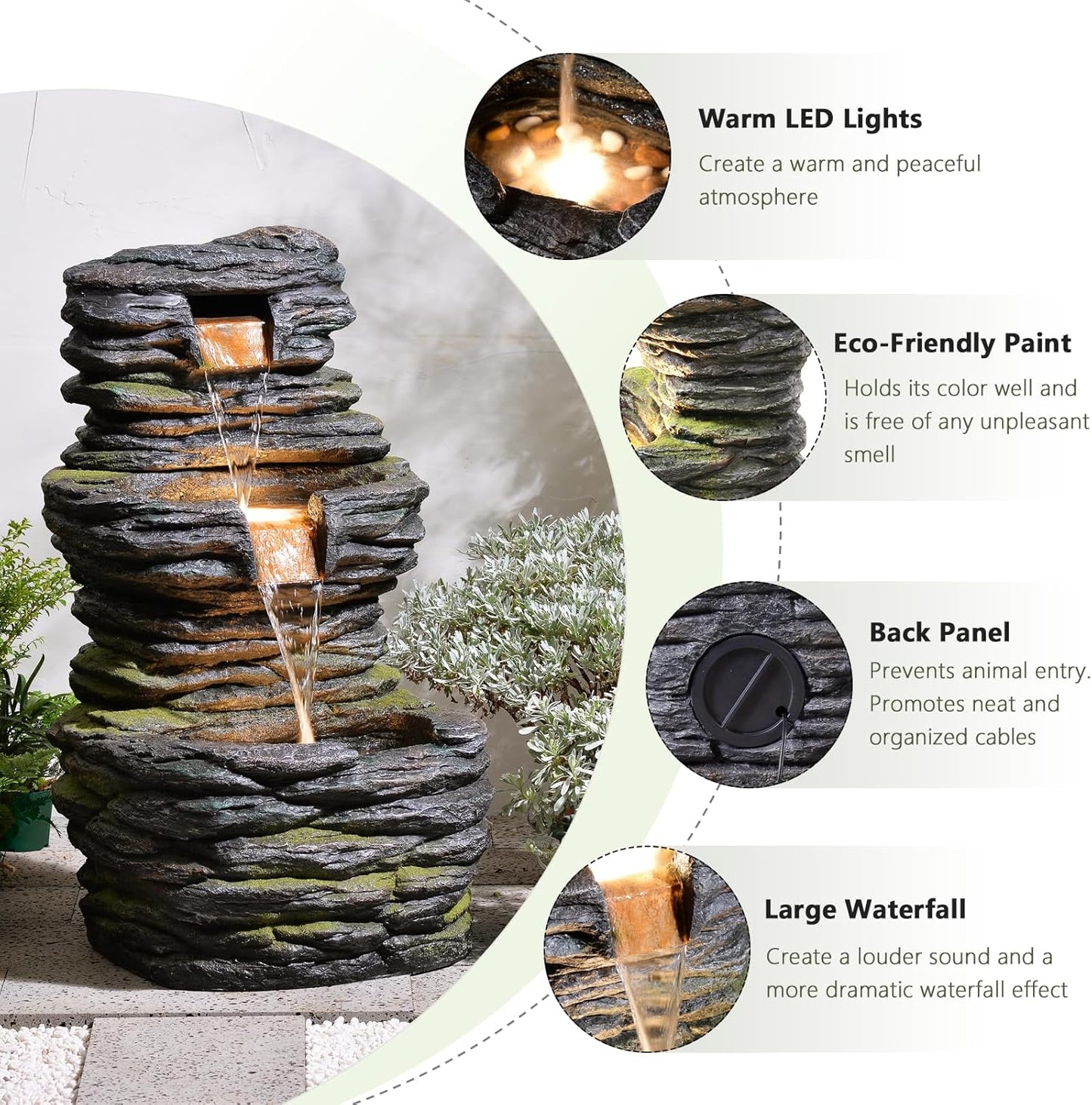 28.8” Tall Rock Water Fountain Outdoor Garden, 3-Tiers Cascading Rock Natural Waterfall Fountains with LED Lights, Indoor Resin Water Feature Fountain for Patio, Garden and Backyard, Deck, Porch, Home-VerdiqueGarden
