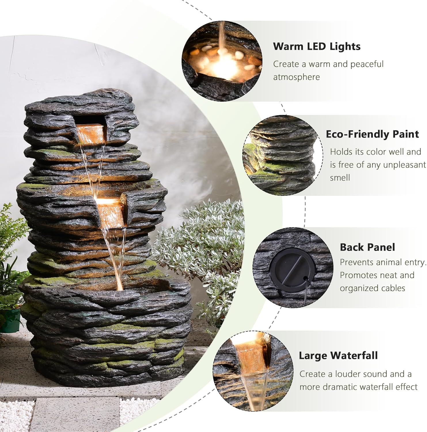 28.8” Tall Rock Water Fountain Outdoor Garden, 3-Tiers Cascading Rock Natural Waterfall Fountains with LED Lights, Indoor Resin Water Feature Fountain for Patio, Garden and Backyard, Deck, Porch, Home-VerdiqueGarden