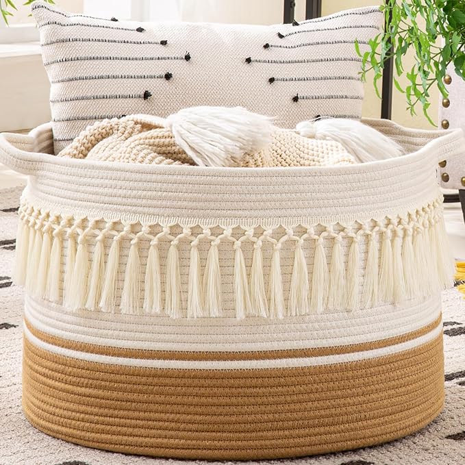 KAKAMAY Large Blanket Basket (20"x13"),Woven Baskets for storage Baby Laundry Hamper, Cotton Rope Blanket Basket for Living Room, Laundry, Nursery, Pillows, Baby Toy chest (White Fringe)-VerdiqueGarden