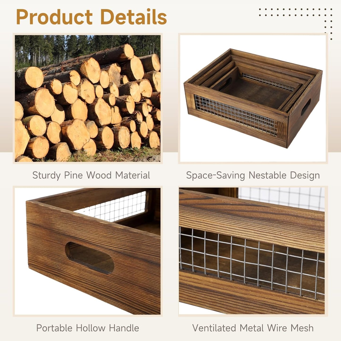 4 Pcs Wooden Nesting Countertop Baskets, 4-Size Rustic Storage Boxes, Wood Wire Containers with Handles, Multipurpose Decorative Organizer Crates for Fruits, Veggies, Kitchen, Pantry-VerdiqueGarden