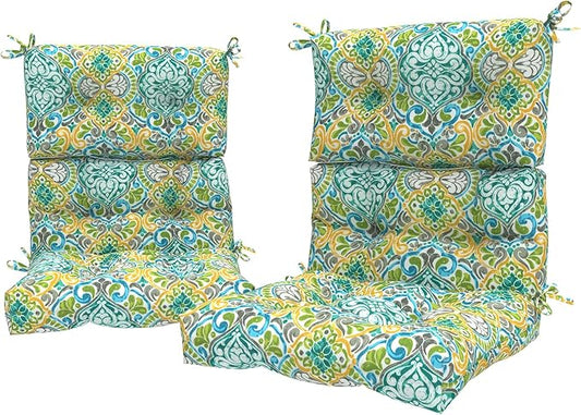 LVTXIII Outdoor Seat/Back Chair Cushion Patio Tufted High Back Cushion, Seasonal Replacement Rocking Chair Cushion with Ties (22” W x 20D”, Set of 2, Damask Green)-VerdiqueGarden