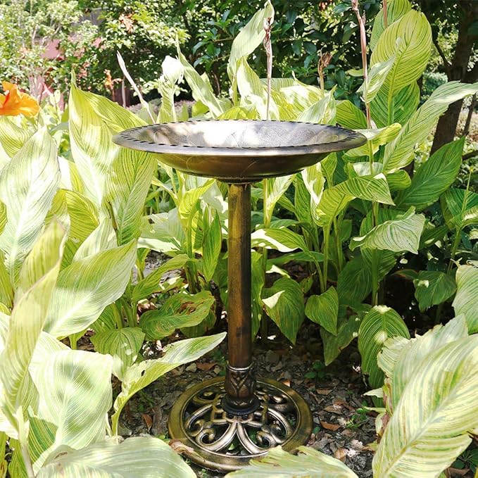 VIVOHOME Polyresin Antique Outdoor Golden Garden Bird Bath and Solar Powered Round Pond Fountain Combo Set-VerdiqueGarden