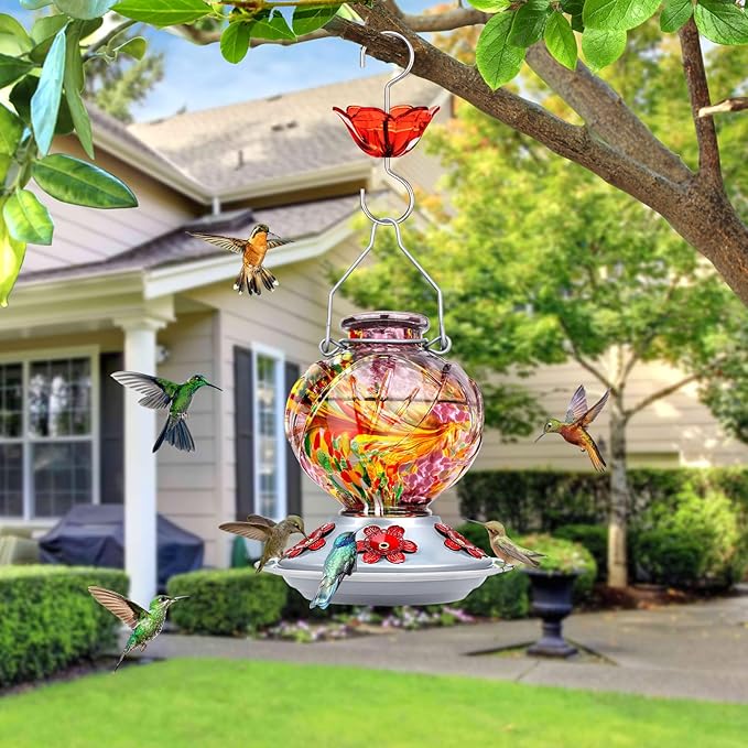 BOLITE Hummingbird Feeder, Hand Blown Glass Hummingbird Feeders for Outdoors Hanging, with Ant Moat and 5 Feeding Ports, 22 Ounces, Peony Flower Shape, Purple, Gifts for Women Men, Gifts for Mom Dad-VerdiqueGarden