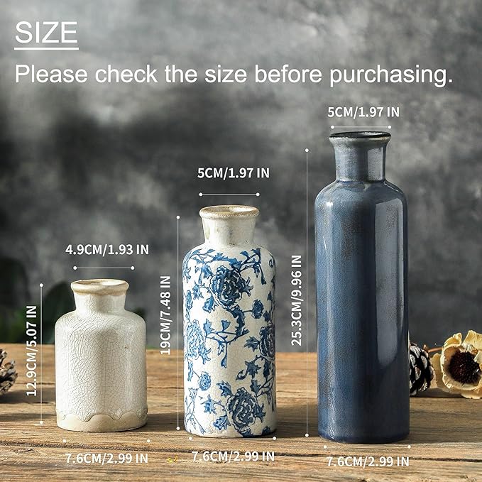 Ceramic Vintage Vases Set of 3, Blue and White Flower Decorative Vase Chinoiserie Decor Rustic Farmhouse Retro Floral Vases for Table Bookshelf Mantel Kitchen Living Room Office-VerdiqueGarden