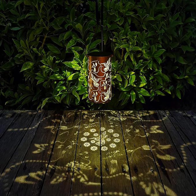 2 Pack Solar Lanterns Outdoor Hanging Hummingbird Decor Lantern,Waterproof Hollow Out Metal Decorative Garden Light,Graceful Decoration for Patio,Yard,Landscape,Festival-VerdiqueGarden