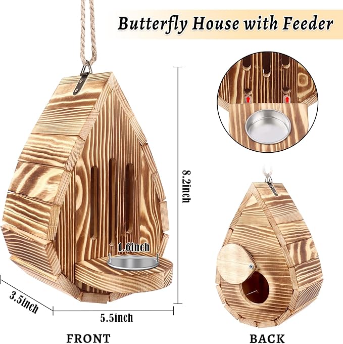Wooden Butterfly House and Feeder, Hanging Butterfly House for Garden, Natural Butterfly Habitat with Butterfly Puddler for Outside Butterflies, Moths - Backdoor, Easy to Clean-VerdiqueGarden
