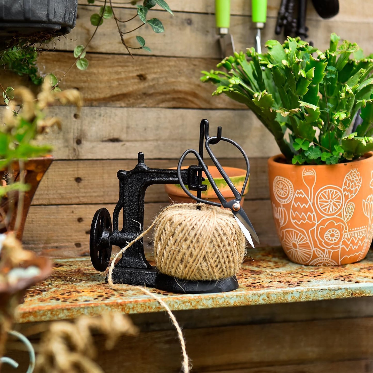 Sungmor Cast Iron Twine Holder and Scissors Set, Vintage Jute Twine Garden String Holder, Decorative Twine Dispenser with Cutter for Crafting, Gardening, Gift Wrapping, Sewing Machine Shape-VerdiqueGarden