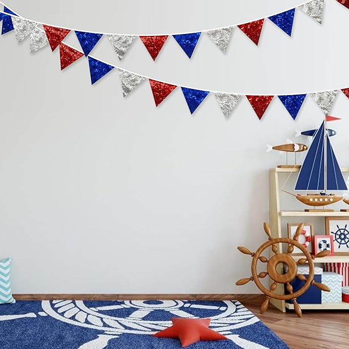 pinkblume Red Blue Silver Decorations Double Sided Sequin Fabric Triangle Pennant Banner Flag Bunting Garland for Nursery Classroom Home Bedroom Wall 4th of July American Veterans USA Holiday Decor-VerdiqueGarden