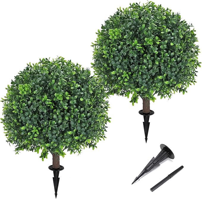 Artificial Boxwood Topiary Ball Tree 24" with Ground Spike, Set of 2 Artificial Boxwood Bushes for Faux Shrubs, Fake Evergreen Faux Plant for Indoor Outdoor Porch Garden- UV Resistant – Fade-Proof-VerdiqueGarden
