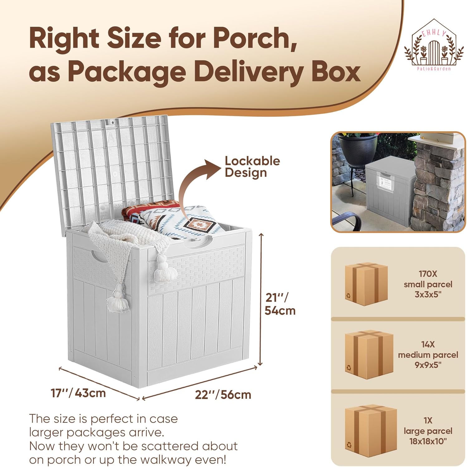 33 Gallon Deck Box, Small Outdoor Storage Box Waterproof, Lockable Secure Package Bin Delivery Box for Outside Front Porch, Patio Cushions Storage Box, Delivery Driver Snack Box for Porch, White-VerdiqueGarden