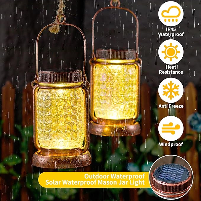 Outdoor Garden Decor, 4 Pack Solar Lantern Waterproof Warmwhite Mason Jar Hanging Lights, Porch Decorative for Garden Yard Patio Backyard Deck Courtyard Lawn-VerdiqueGarden