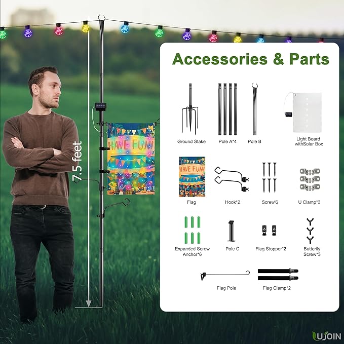 3-in-1 String Light Pole for Outside (2 Pack), Each Pack Includes 2 Hooks, 1 Solar LED Light Board & 1 Party Flag, Heavy Duty Stand for Deck, Patio, Backyard, Wedding-VerdiqueGarden