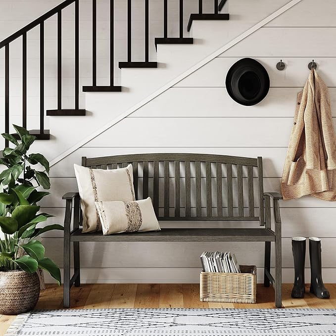 Grand patio Outdoor Bench Garden Bench with Metal Armrests and Seat, Bench with Aluminum Back for Outdoors Lawn Yard Porch, Savannah Gray-VerdiqueGarden