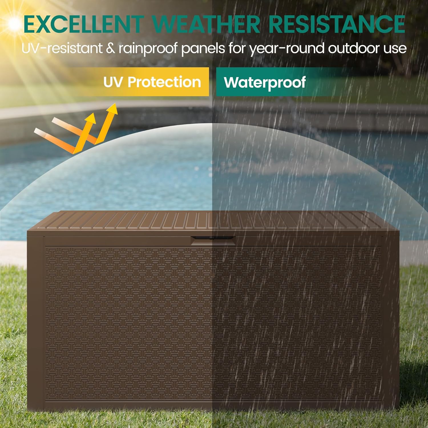 90 Gallon Outdoor Deck Box, Waterproof Outdoor Storage Box, Durable Resin Bin for Patio Cushions, Garden Tools and Pool Accessories, Lockable with UV Protection, Brown, Patio Furniture-VerdiqueGarden