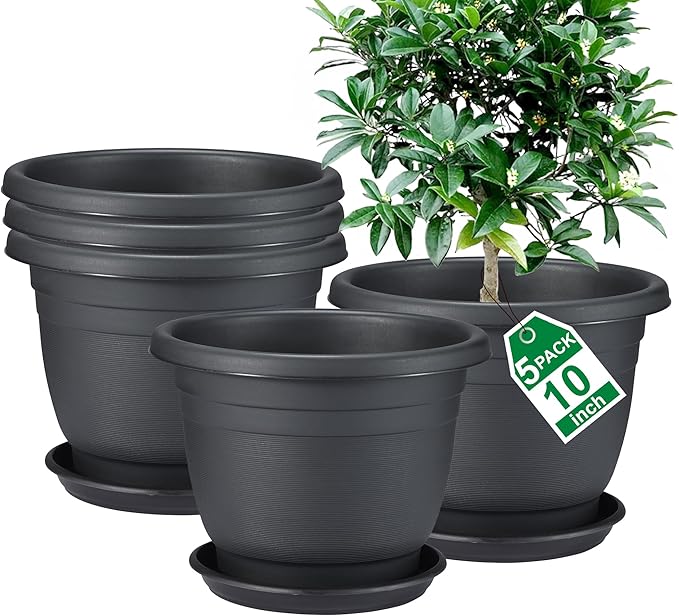 5 Packs 10 inch Plant Pots + Saucer, Planters for Indoor & Outdoor Plants with Drainage Holes | Plastic Flower Pots, Large Planter (Black, 10 inch)-VerdiqueGarden