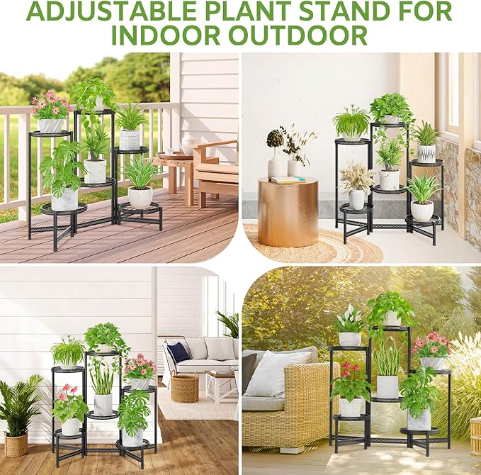 iDavosic.ly 6 Tier Large Plant Stand Indoor with 10-Inch Wide Drainage Tray, Tiered Corner Metal Outdoor Flower Display Holder Shelf, Folding Tall Rack for Patio Porch Balcony, Black Iron Carving-VerdiqueGarden