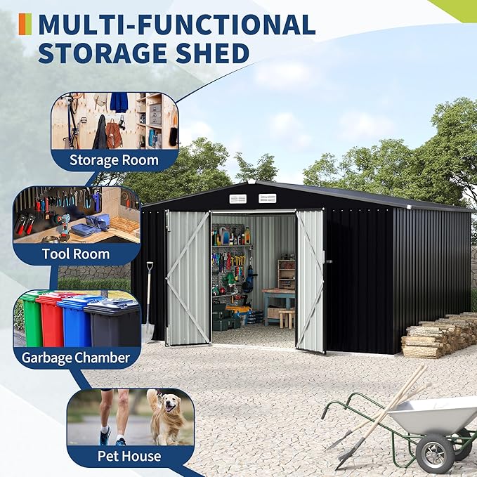 8x10 FT Metal Storage Sheds Outdoor with Floor, Metal Yard Sheds Garden Shed Kit, MetalTool Shed with Lockable Door, Metals UtilitySheds Buildings with Air Vent for Backyard Garden Patio Lawn-VerdiqueGarden
