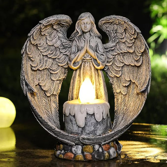 Angel Garden Statues Outdoor Cemetery Decorations for Grave Take The Cross Praying Wings Angel Figurine Cemetery Lights Patio Lawn Yard Porch Decorations 10.24 Inch-VerdiqueGarden