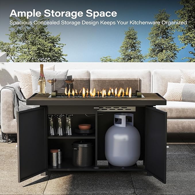 LAUSAINT HOME Propane Fire Pit Table 43 Inch with Lid, 55,000 BTU Gas Fire Pits for Outside Patio with Glass Wind Guard, Gray Glass Beads-VerdiqueGarden