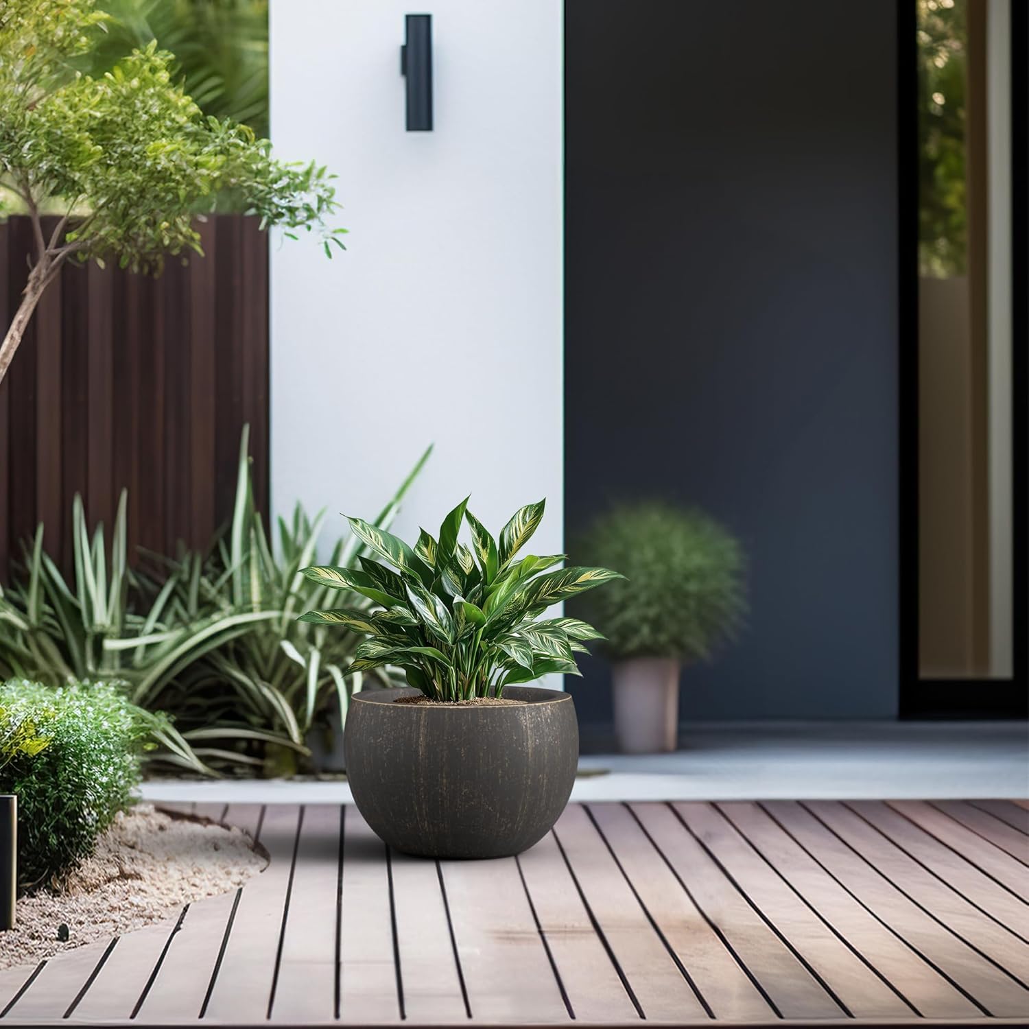 Kante 19.9" Dia Round Concrete Planter, Outdoor/Indoor Large Bowl Plant Pots with Drainage Hole and Rubber Plug for Garden Patio Balcony Home, Oil Rubbed Bronze-VerdiqueGarden