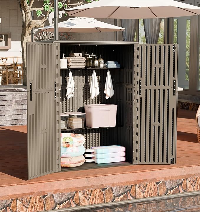 HOMSPARK Outdoor Storage Shed Weather Resistance, Patio Storage Cabinet Lockable Resin Tool Shed for Storage of Bike, Trash Cans, Garden Tools (Shallow Coffee, 66 Cu.ft)-VerdiqueGarden