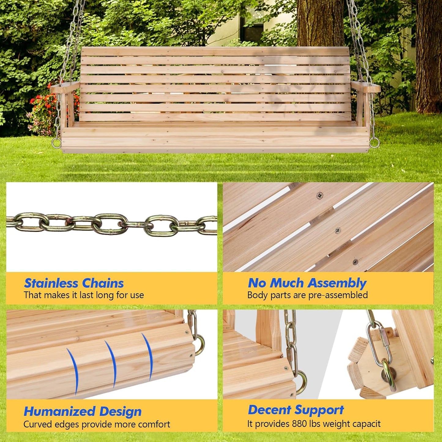 VINGLI Upgraded Patio Wooden Porch Swing for Courtyard & Garden, Heavy Duty 880 LBS Swing Chair Bench with Hanging Chains for Outdoors (Natural, 5 FT)-VerdiqueGarden