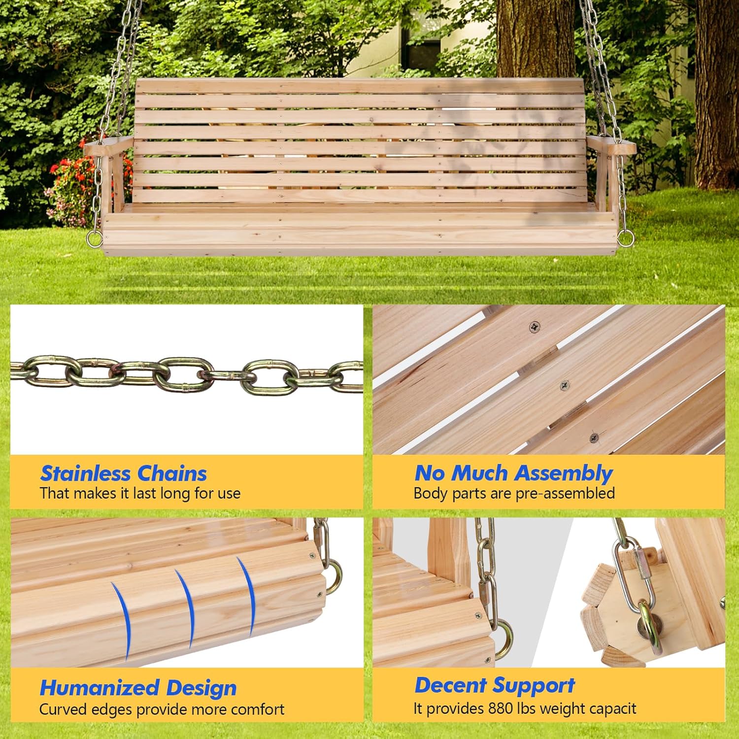 VINGLI Upgraded Patio Wooden Porch Swing for Courtyard & Garden, Heavy Duty 880 LBS Swing Chair Bench with Hanging Chains for Outdoors (Natural, 5 FT)-VerdiqueGarden