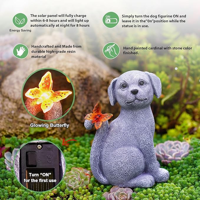 Garden Decor Solar Dog Statues: Outdoor Sculptures with Glowing Butterfly for Lawn Ornaments Yard Art Porch Patio Balcony - Gifts for Mom Grandma Women-VerdiqueGarden