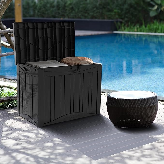 50 Gallon Plus Outdoor Storage Box, Waterproof Resin Deck Box for Patio, Pool, and Garden, Lockable Bin for Cushions, Tools, and Accessories, UV-Resistant, Black-VerdiqueGarden