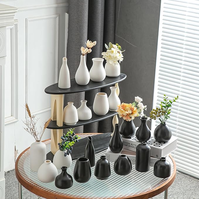 JOJUNO White Bud Vases, Small Ceramic Vase Set of 11, Mini Pottery Vases for Flowers, Decorative Pieces for Home Modern Decor, Boho Decor, Chic Accents for Living Room Dining Table Shelves-VerdiqueGarden