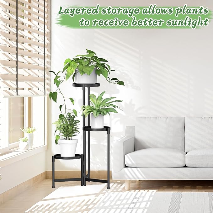 MOKANI Metal Plant Stand Indoor Outdoor for Multiple Plants, 3 Tiered Folding Corner Shelf Tall Flower Pot Holder Display Rack for Patio Living Room Balcony Garden, Black-VerdiqueGarden