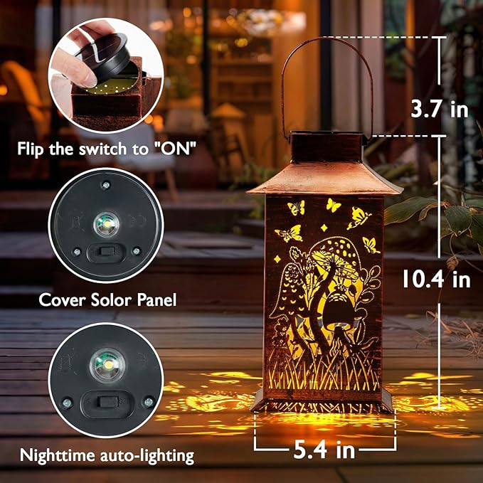 Homemory Mushroom Solar Lanterns Waterproof, Metal Hanging Hollowed-Out Metal Decor Lantern, LED Outdoor Decoration for Outside LED Lanternse for Yard, Backyard, Porch, Lawn-VerdiqueGarden