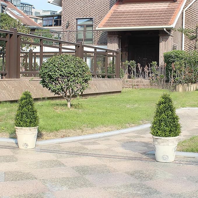 30" Artificial Boxwood Faux Plants Outdoor, UV Resistant Topiary Trees Realistic Cone-Shaped Fake Bushes and Shrubs Potted Fakeplants Set of 2 for Front Porch Patio Outside Planter Decor-VerdiqueGarden