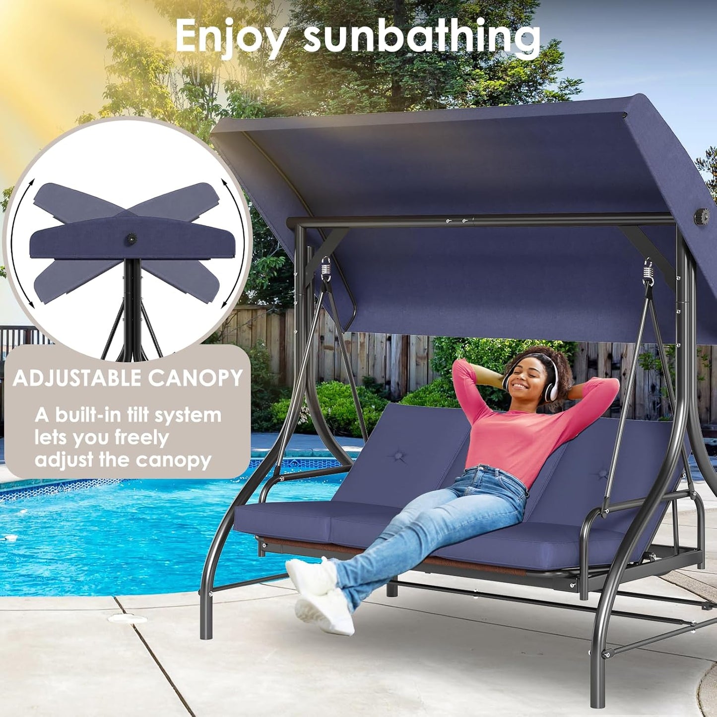 TLSUNNY 3-Seat Outdoor Patio Porch Swing with Adjustable Canopy & Backrest, Convertible Glider Bed with Stand, Removable Seat Cushion, 45° Tilt Adjustment for Backyard, Poolside, Balcony - 750LBS-VerdiqueGarden
