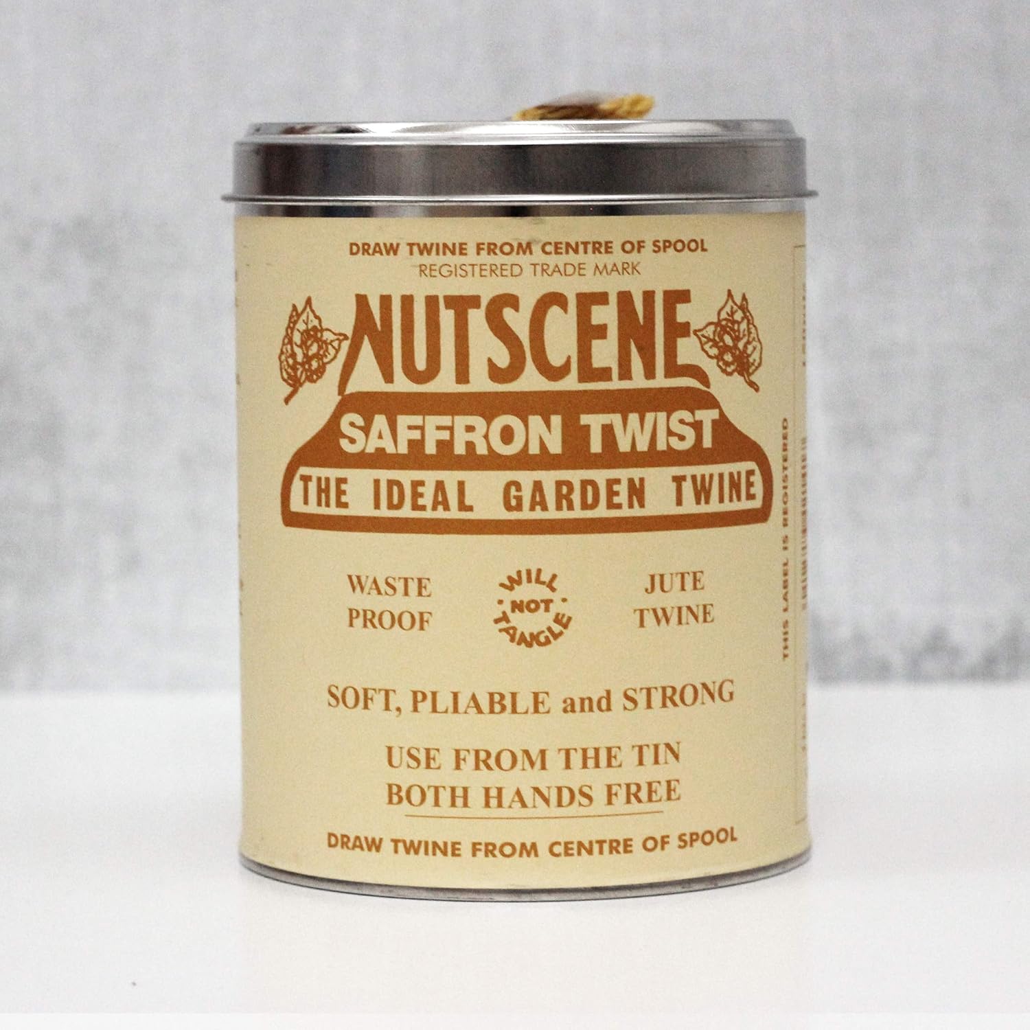 NUTSCENE Iconic Tin (Tin ‘O’ Twine) with Their Heritage Scottish Jute Twine and Hole in Top for Easy Dispensing. 14 Colors to Choose from. 164 Yards. (Saffron)-VerdiqueGarden