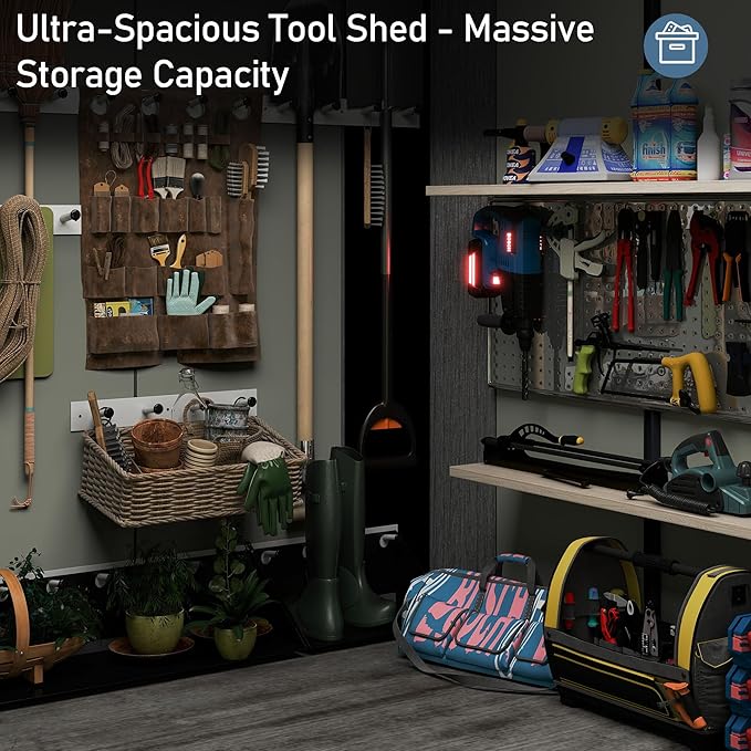 Domi 8x8 FT Outdoor Resin Storage Shed, All-Weather Double-Wall Storage Building for Backyard, Garden, Lawn Tools, Mower, Bike & Pool Equipment, Lockable Doors, Ventilated Roof, Grey-VerdiqueGarden