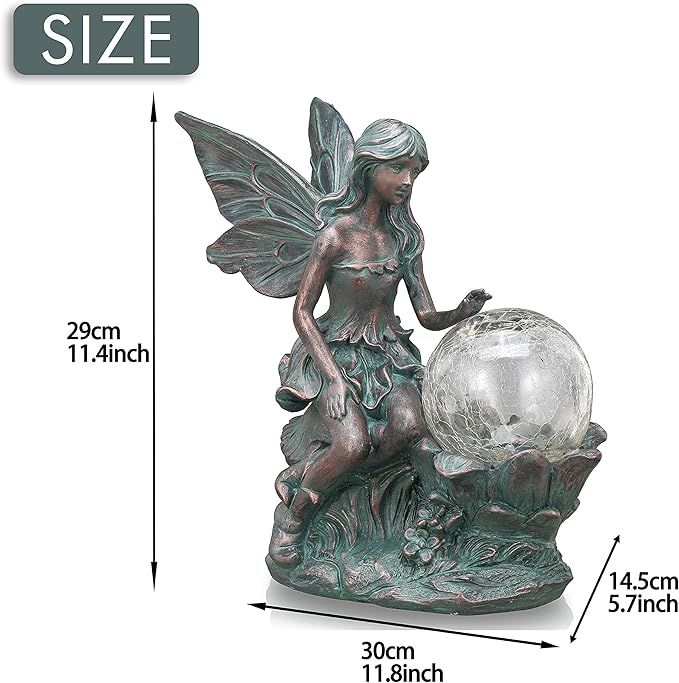 TERESA'S COLLECTIONS Fairy Garden Statues with Solar Outdoor Light for Outdoor Decor, Fairy Valentines Decorations Garden Decor Resin Sculptures with Crackle Glass Globe,Gifts for Mom Yard Decor,11.8"-VerdiqueGarden