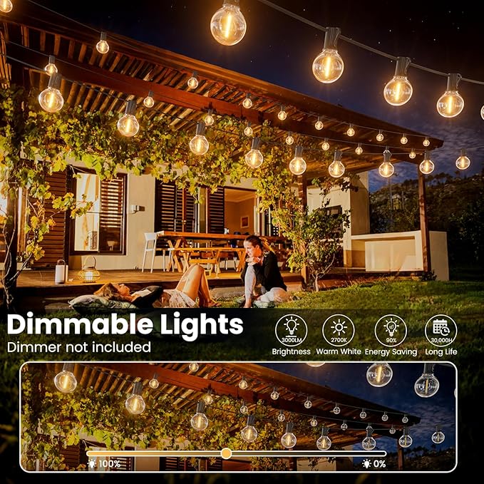 RTTY Outdoor String Lights 25 FT, G40 Led Patio Globe Lights with 13pcs Bulbs,Waterproof Shatterproof Dimmable Connectable Hanging for Cafe Bistro Backyard Gazebo Balcony Deck Party-VerdiqueGarden