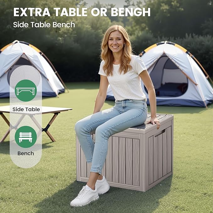 45 Outdoor Storage Box, Waterproof Resin Deck Box with Side Handles, Lockable Outdoor Bench for Indoor & Outdoor Use, Storage Bin for Patio Cushions, Garden Tools, Package Delivery, Grey-VerdiqueGarden