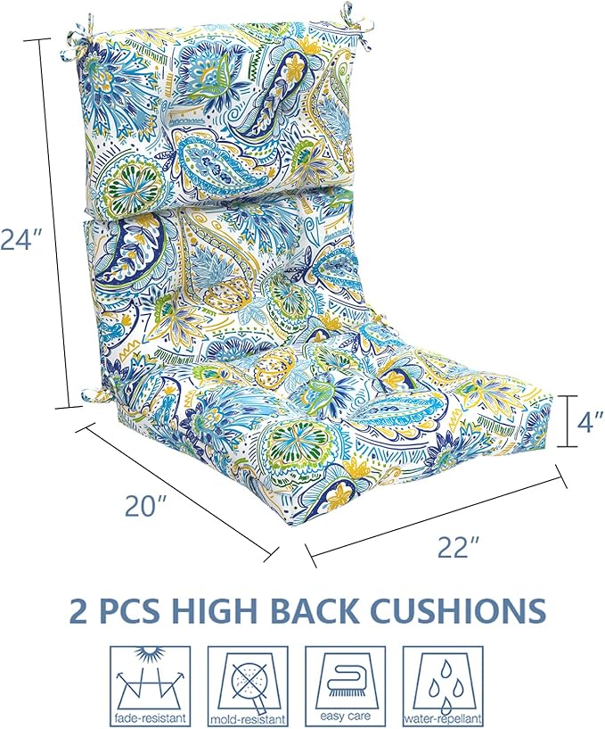 LVTXIII 2 Pack Outdoor/Indoor High Back Chair Cushions, Deep Seat Patio Seat and Back Cushion Set, Stuffed High Rebound Foam Rocking Chair Cushions, 44”x22”x4”, Paisley Blue-VerdiqueGarden