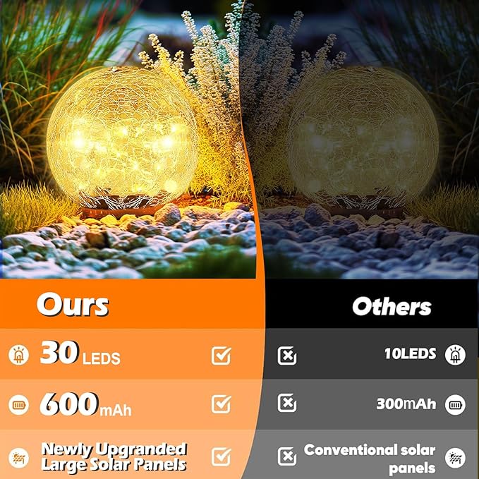 Garden Solar Ball Lights Outdoor Waterproof, 30 LED Cracked Glass Globe Solar Power Ground Lights for Path Yard Patio Lawn, Christmas Decoration Landscape Warm White(2 Pack 3.9'')-VerdiqueGarden