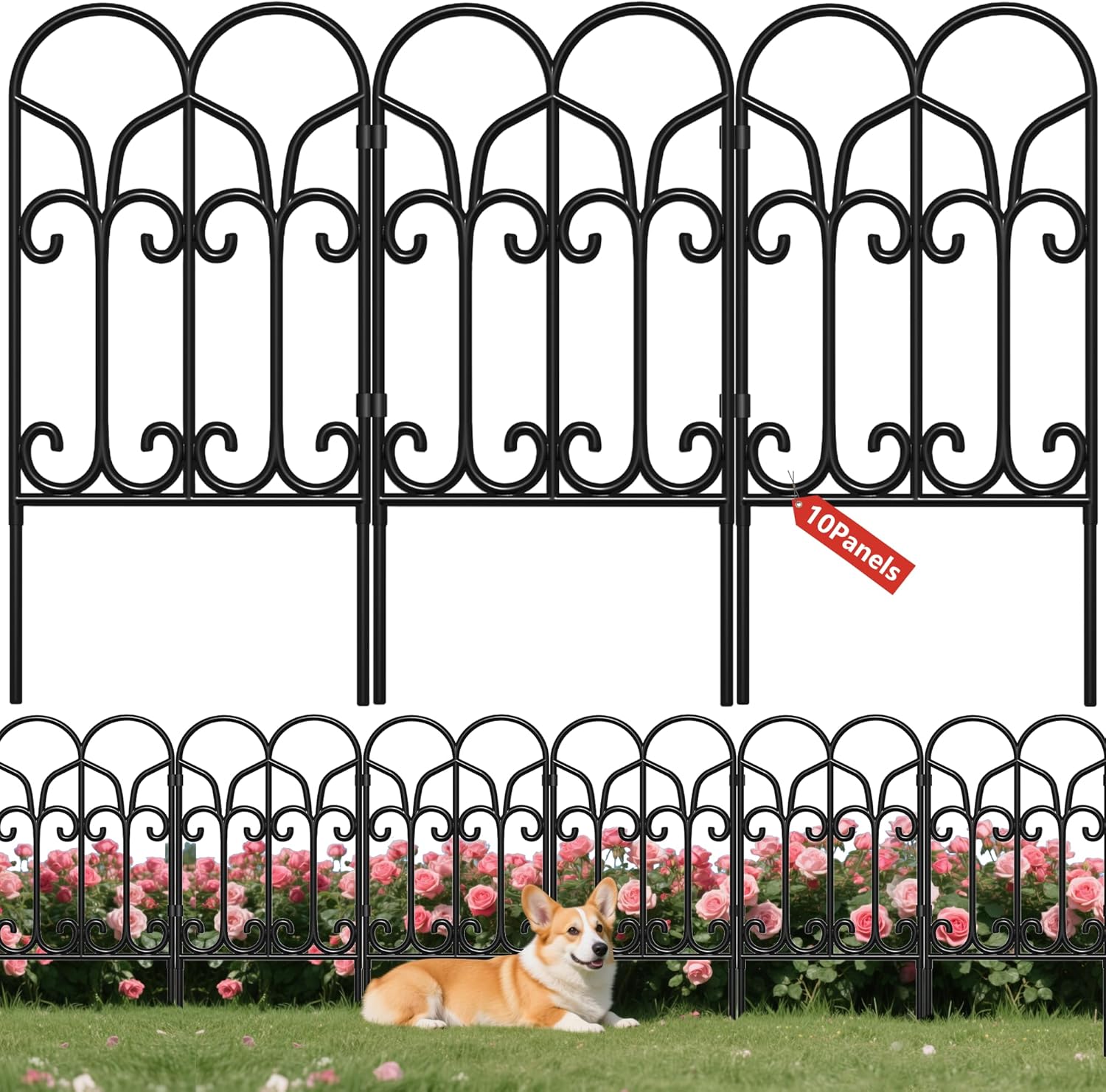 AMAGABELI GARDEN & HOME 10 Panels 22in(H)×10ft(L) Decorative Garden Fences and Borders for Dogs No Dig Metal Fence Panels Garden Edging Border Fence for Animal Barrier Fencing for Flower Beds Yard-VerdiqueGarden
