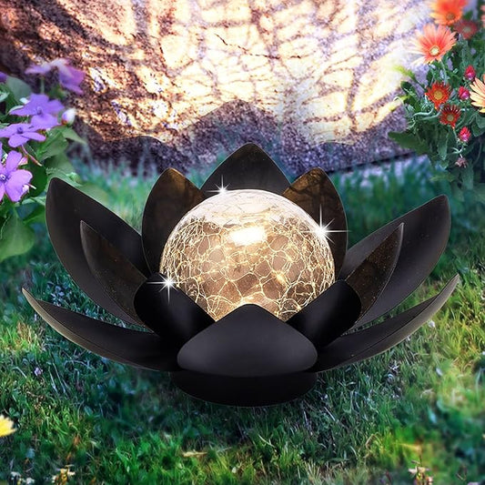 Huaxu Solar Lights Outdoor Garden Decor Metal Black Lotus Decoration, Crackle Globe Glass Waterproof LED Outside Table Lamp for Patio,Lawn, Yard,Walkway,Tabletop,Ground Gifts for Mom-VerdiqueGarden