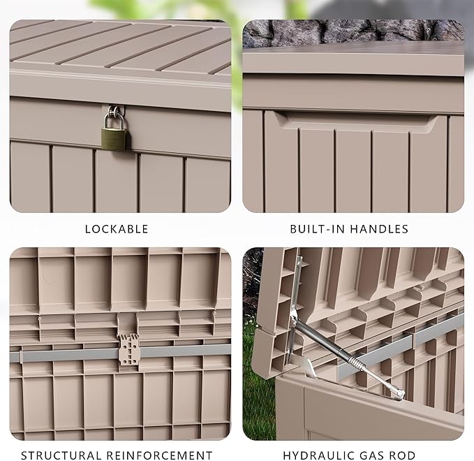 DRATO 230 Gallon Deck Box, Waterproof Resin Large Outdoor Storgae Box for Patio Furniture, Patio Cushions, Gardening Tools, Pool and Sports Supplies, Lockable-VerdiqueGarden